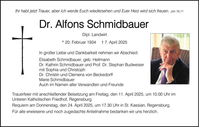 Traueranzeige Dr. Alfons Schmidbauer