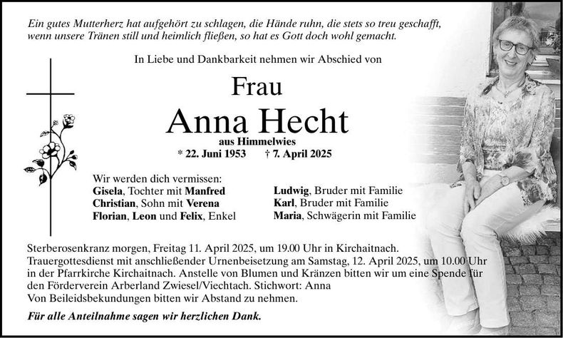 Traueranzeige Hecht Anna