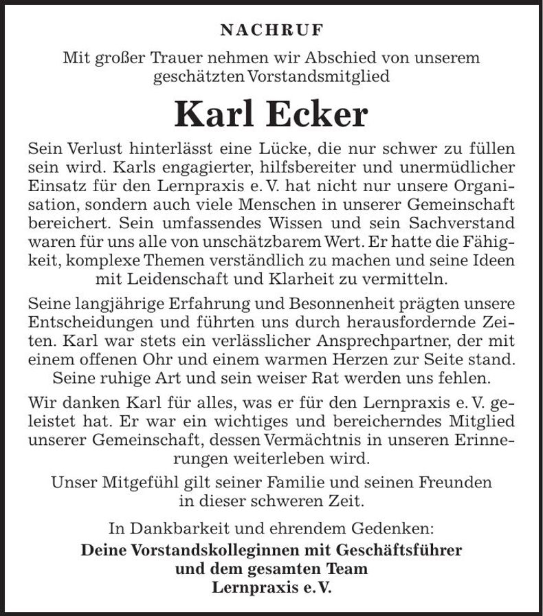Traueranzeige Karl Ecker