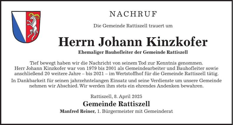 Traueranzeige Johann Kinzkofer