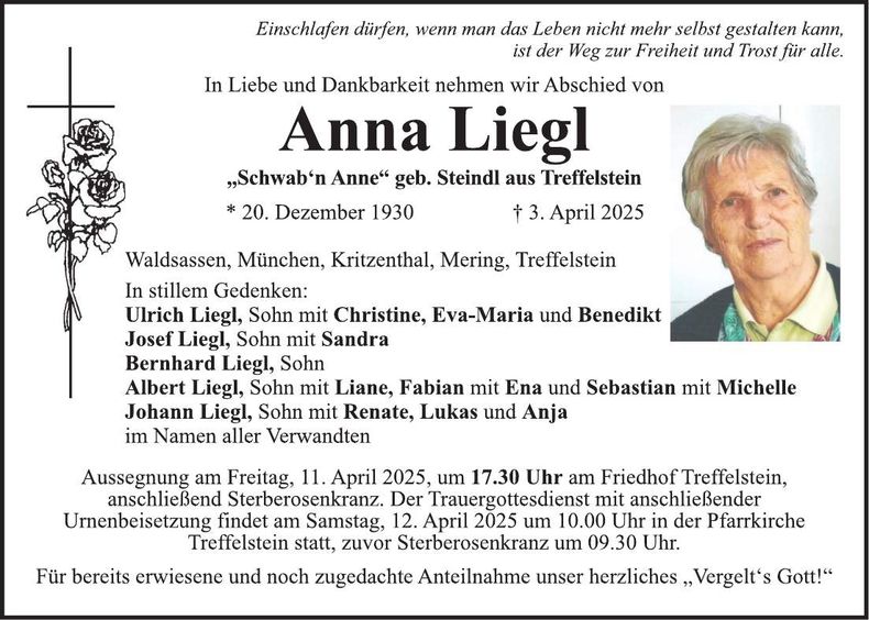 Traueranzeige Anna Liegl
