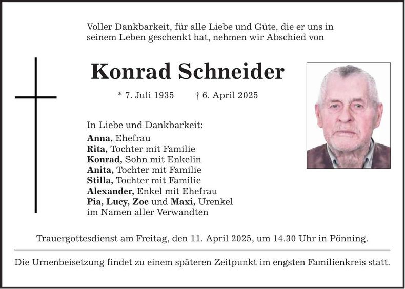 Traueranzeige Konrad Schneider