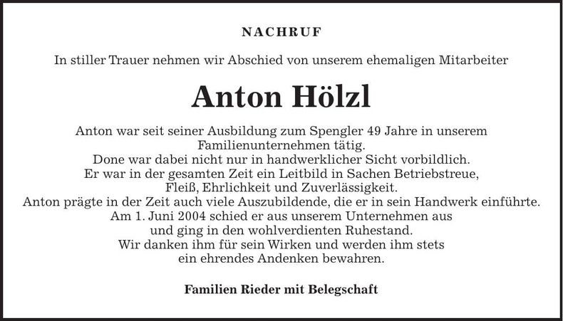 Traueranzeige Anton Hölzl