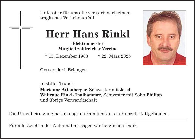 Traueranzeige Hans Rinkl