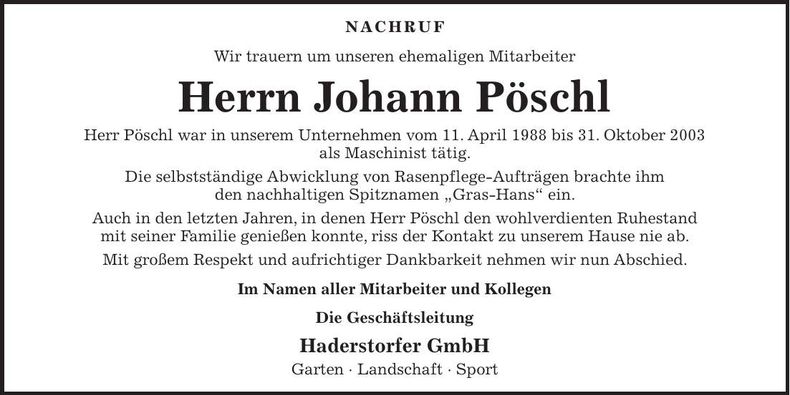 Traueranzeige Johann Pöschl