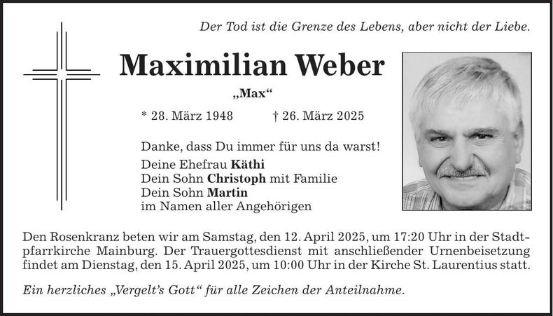 Traueranzeige Maximilian Weber