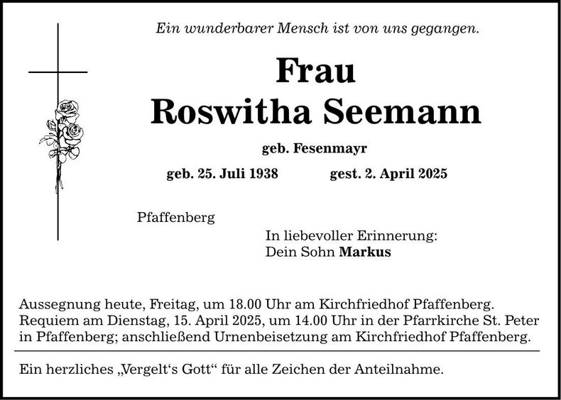 Traueranzeige Roswitha Seemann