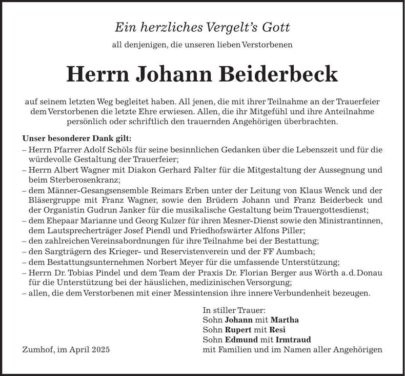 Traueranzeige Johann Beiderbeck