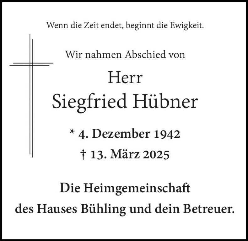 Traueranzeige Hübner Siegfried