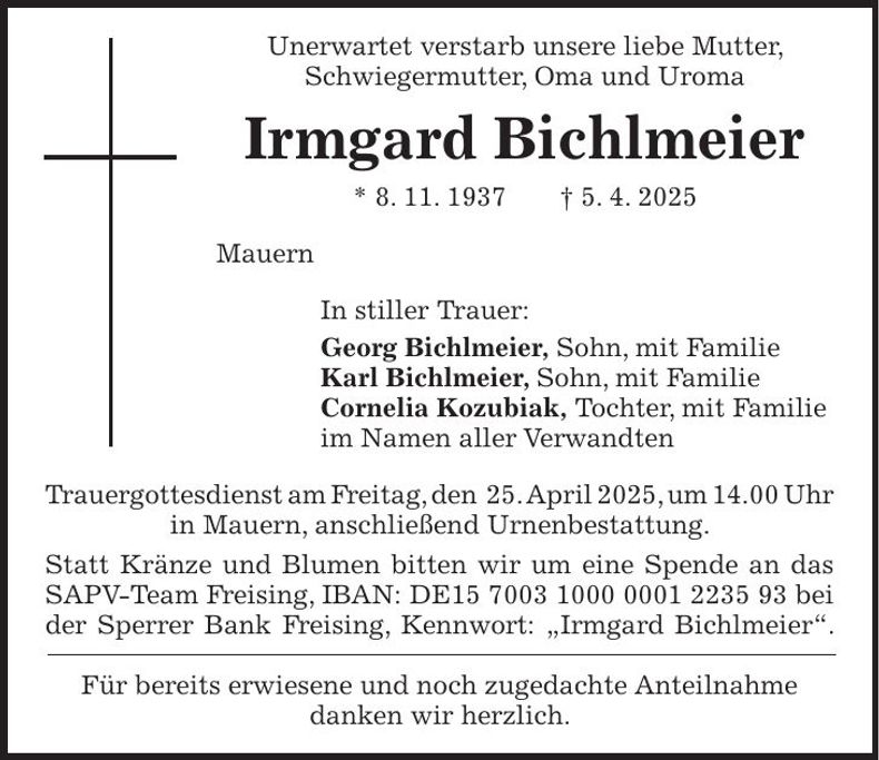 Traueranzeige Irmgard Bichlmeier