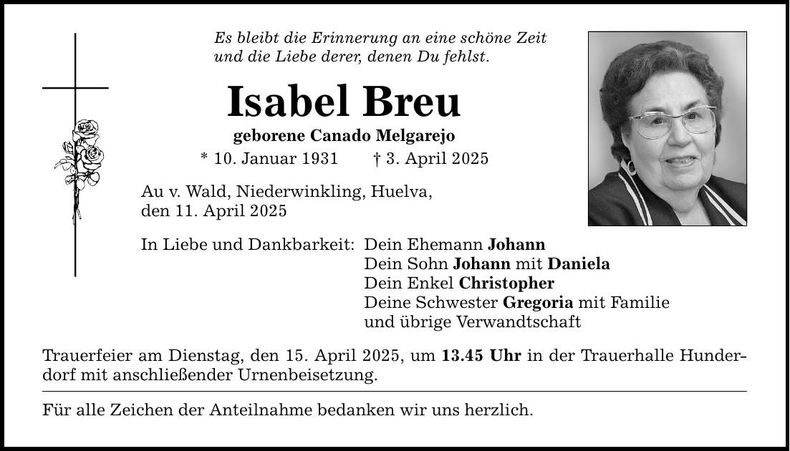Traueranzeige Isabel Breu