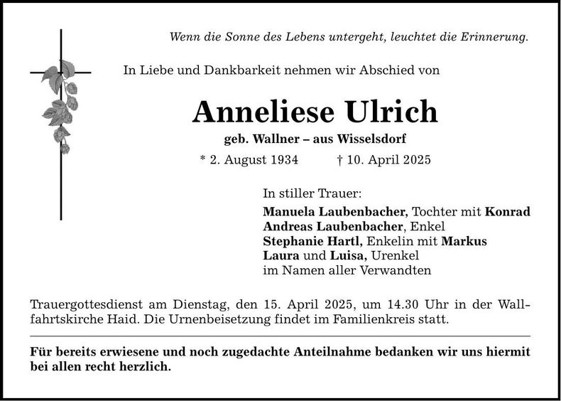 Traueranzeige Anneliese Ulrich