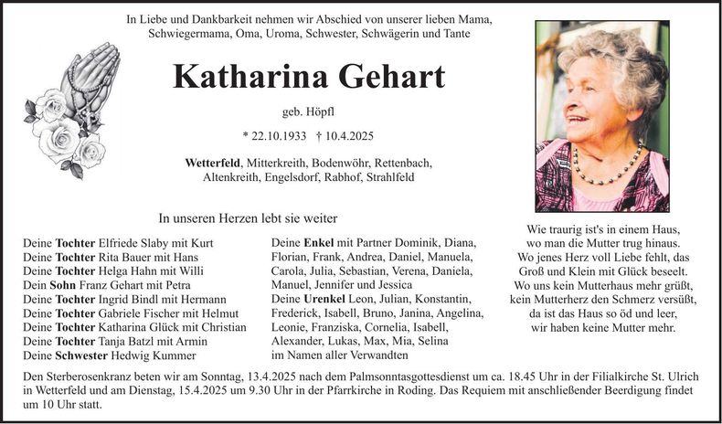 Traueranzeige Katharina Gehart