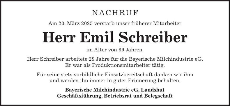 Traueranzeige Emil Schreiber