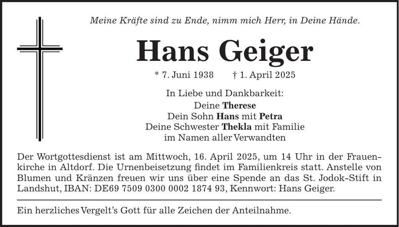 Traueranzeige Hans Geiger