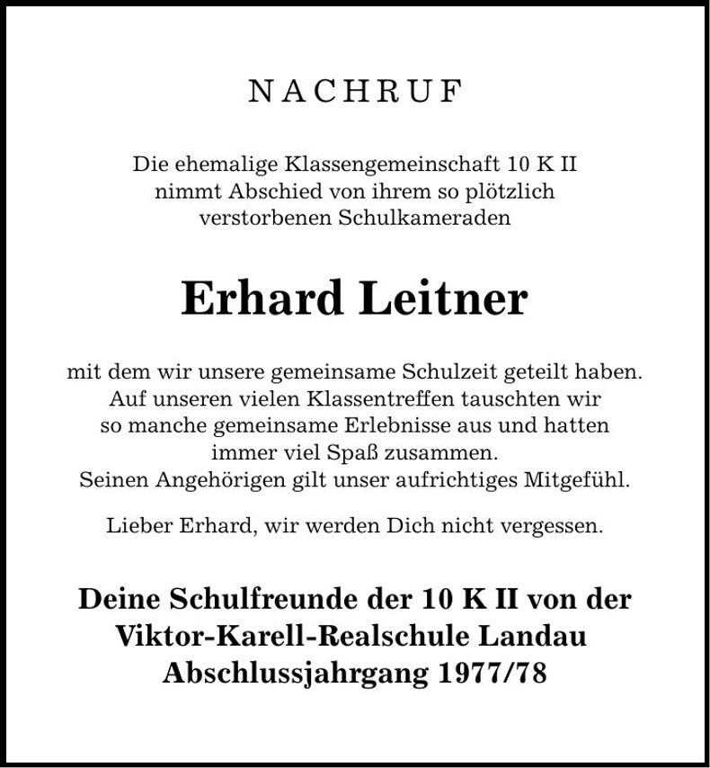 Traueranzeige Erhard Leitner