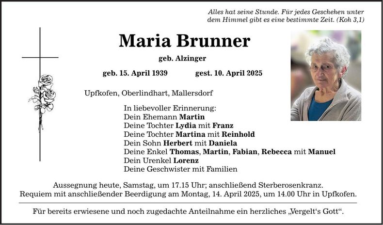 Traueranzeige Maria Brunner