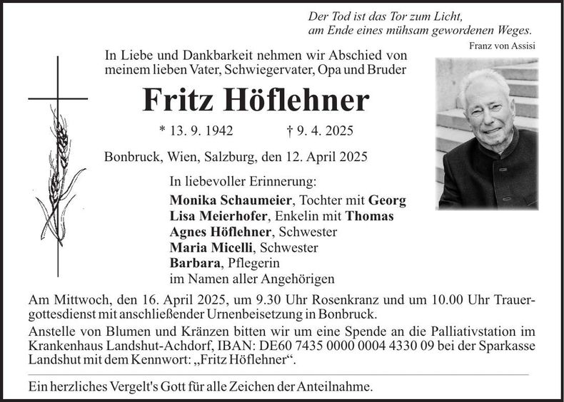 Traueranzeige Fritz Höflehner