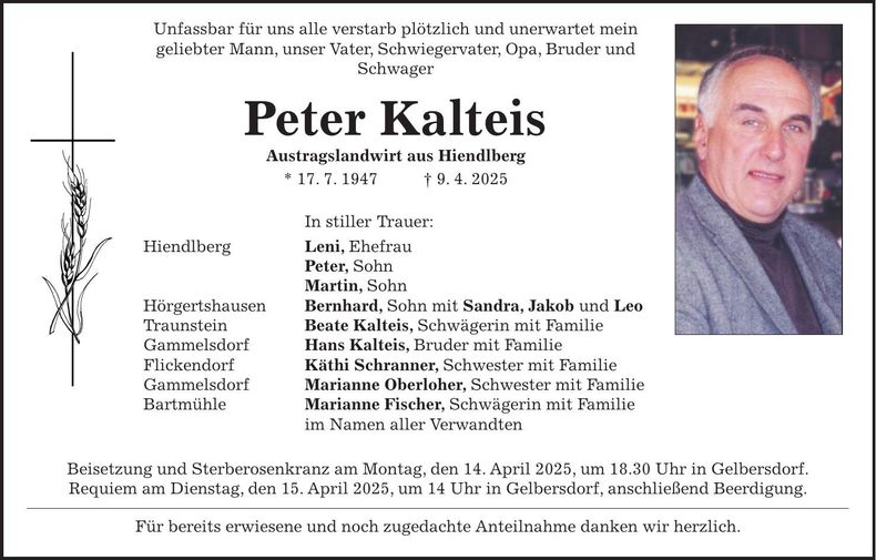 Traueranzeige Peter Kalteis