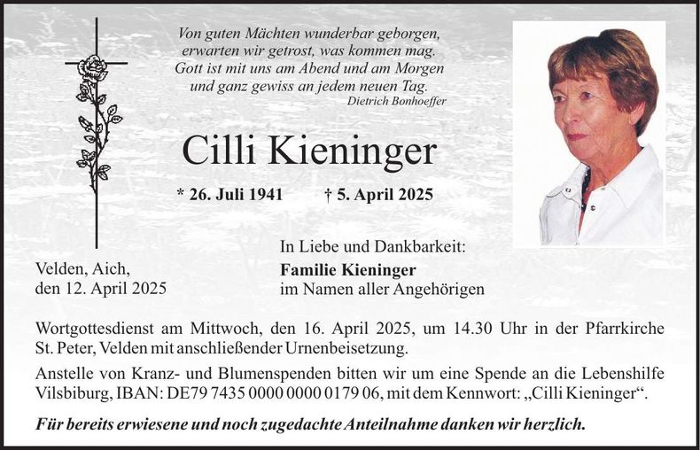 Traueranzeige Cilli Kieninger