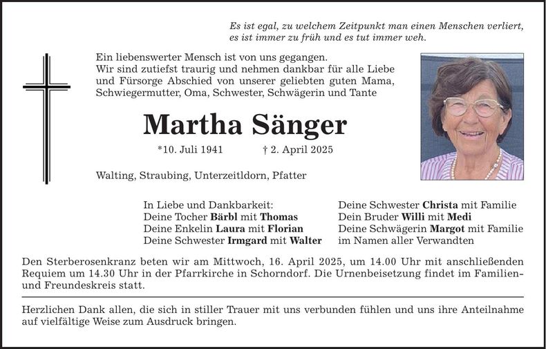 Traueranzeige Martha Sänger
