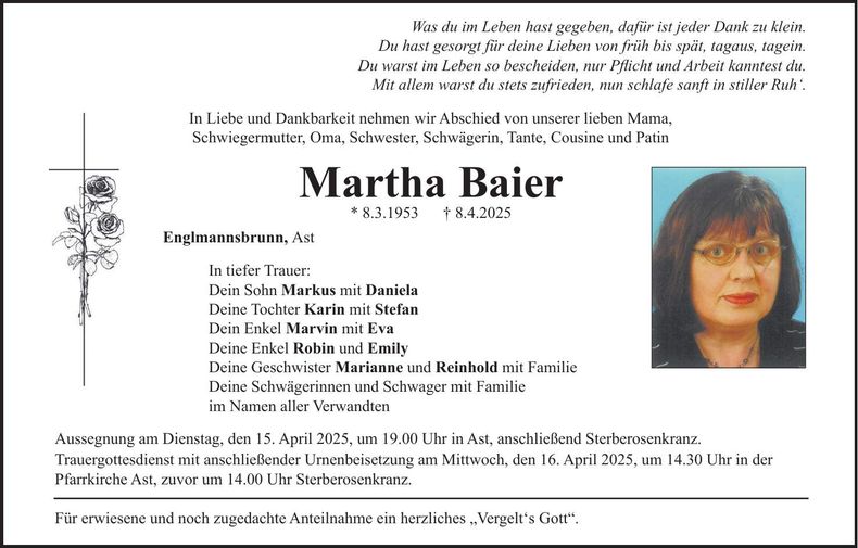 Traueranzeige Martha Baier