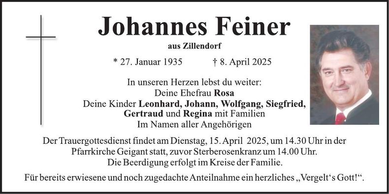 Traueranzeige Johannes Feiner