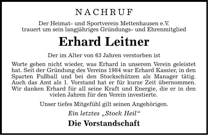 Traueranzeige Leitner Erhard