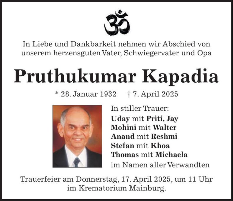 Traueranzeige Pruthukumar Kapadia