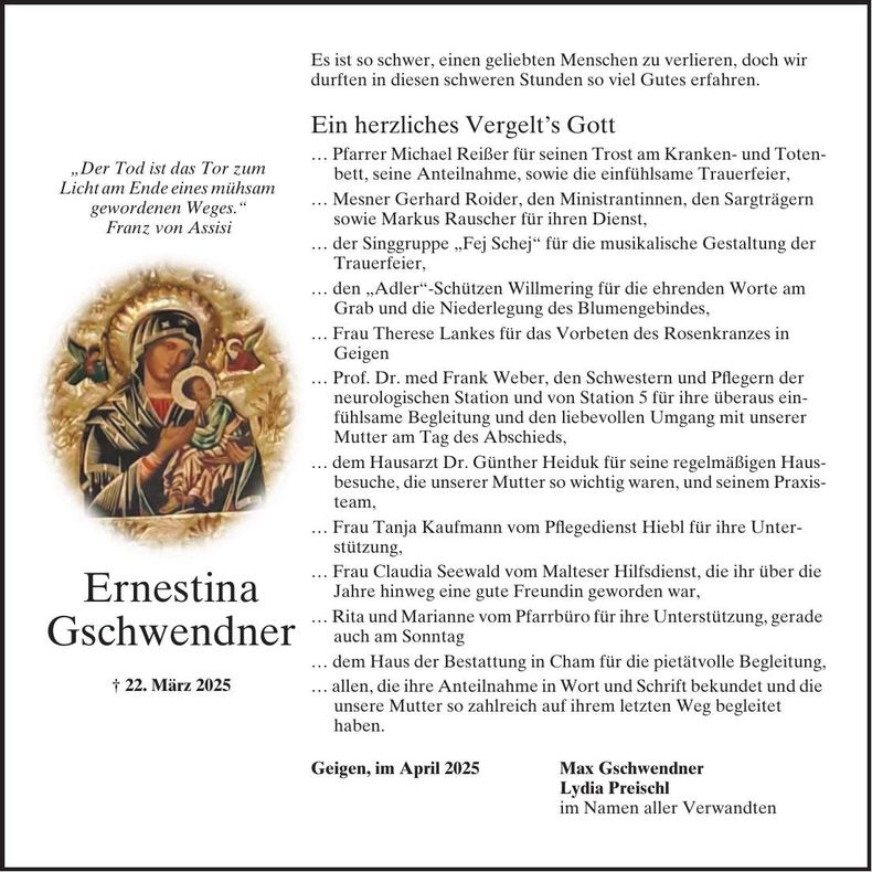 Traueranzeige Ernestina Gschwendner