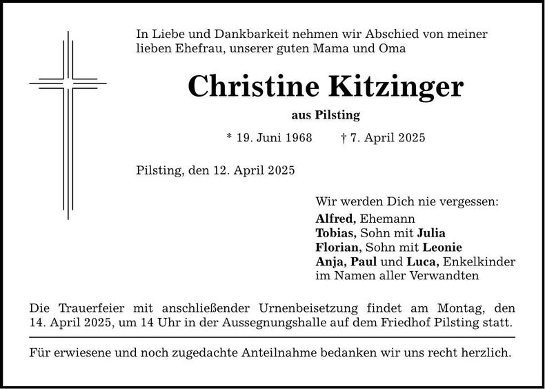 Traueranzeige Christine Kitzinger