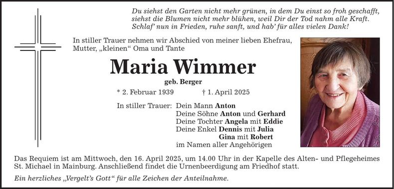 Traueranzeige Maria Wimmer