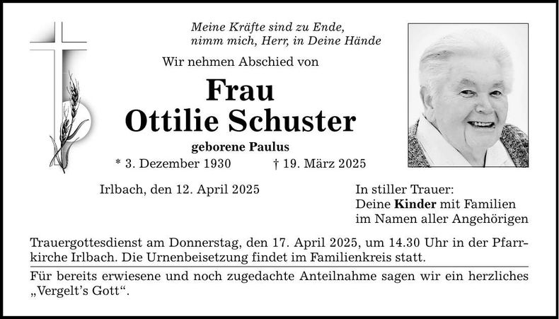 Traueranzeige Ottilie Schuster