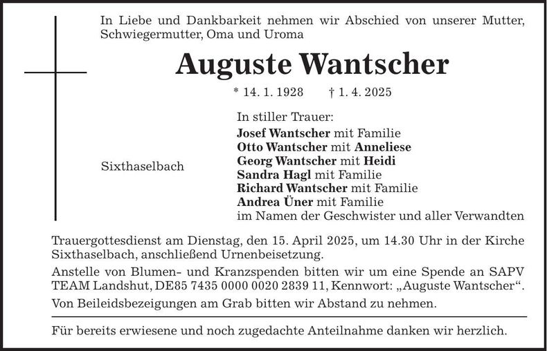 Traueranzeige Auguste Wantscher