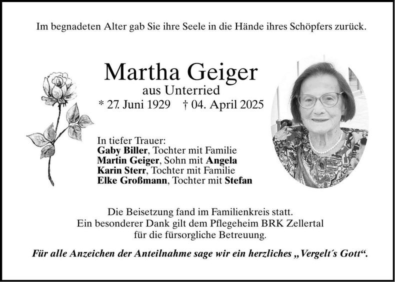 Traueranzeige Geiger Martha