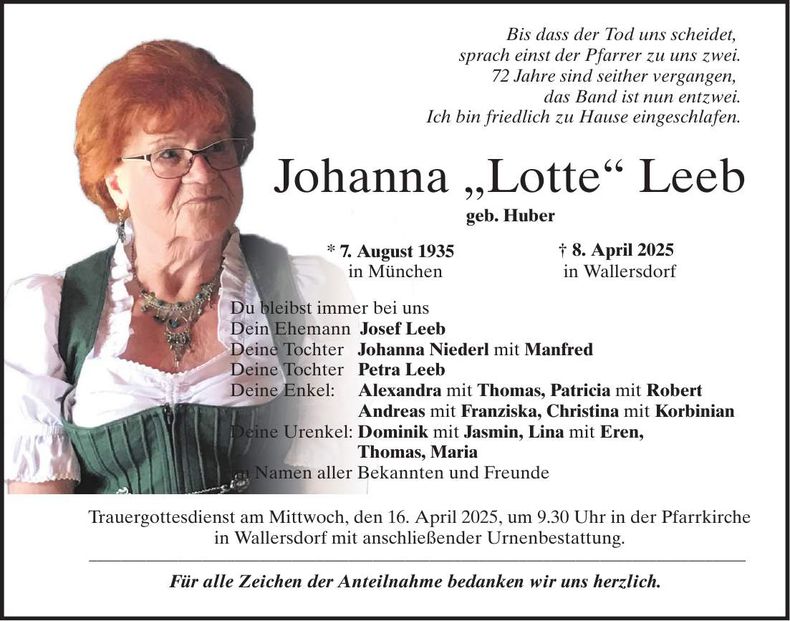 Traueranzeige Johanna Leeb