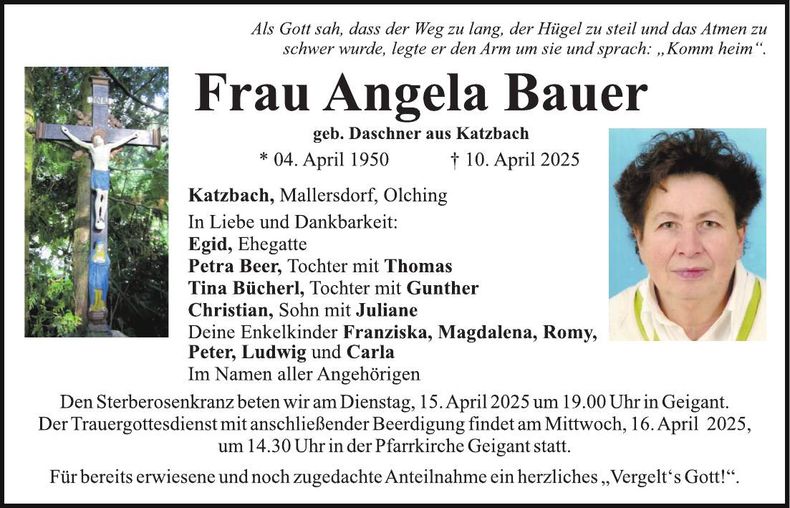Traueranzeige Angela Bauer