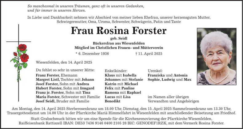 Traueranzeige Rosina Forster