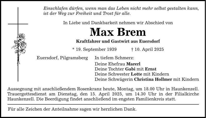 Traueranzeige Max Brem