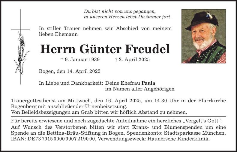 Traueranzeige Günter Freudel