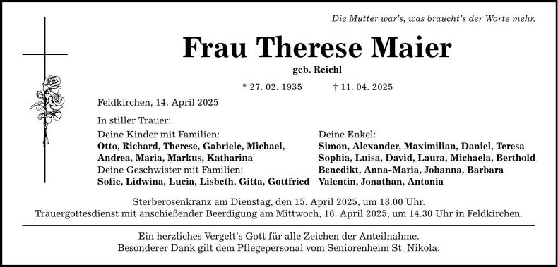 Traueranzeige Theres Maier