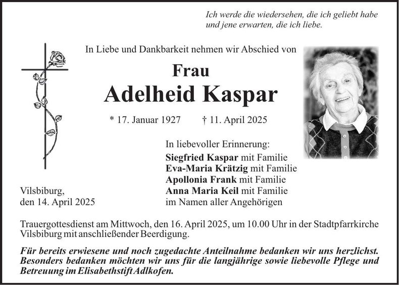 Traueranzeige Adelheid Kaspar