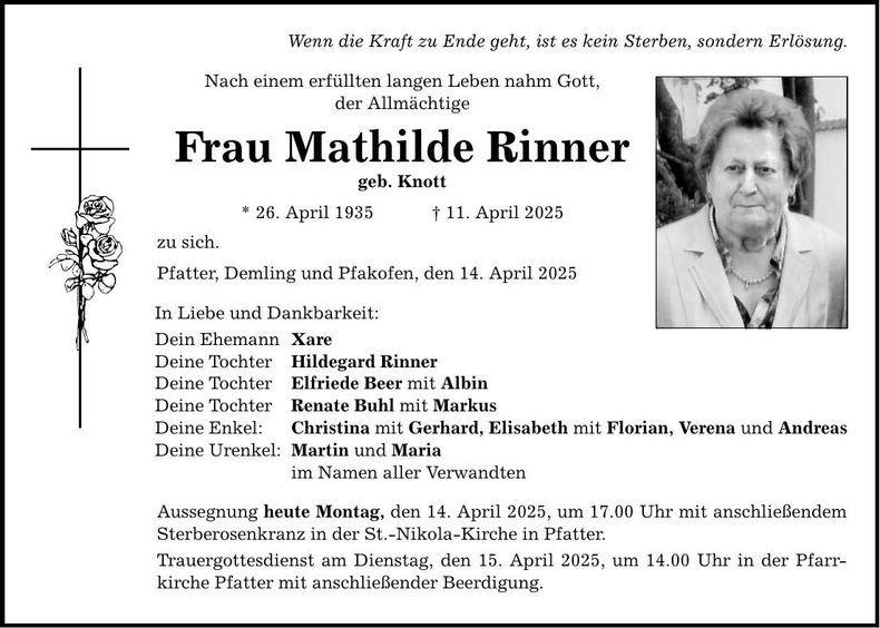 Traueranzeige Mathilde Rinner