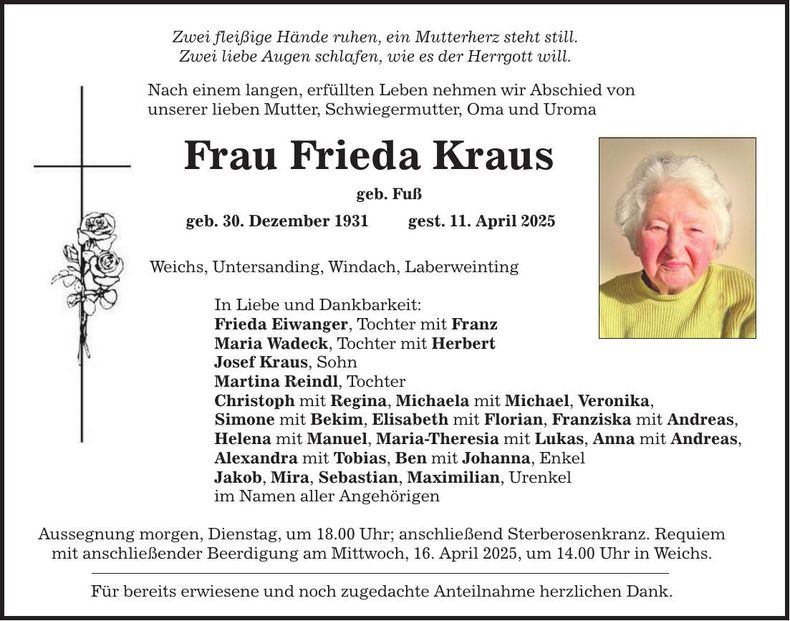 Traueranzeige Frieda Kraus