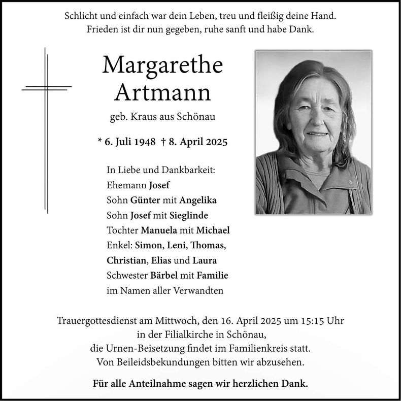 Traueranzeige Margarethe Artmann