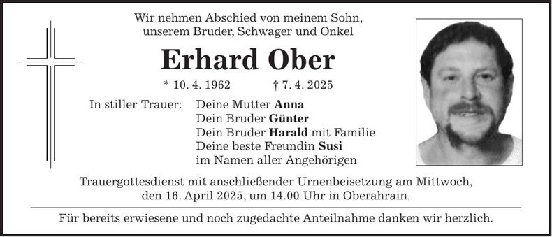 Traueranzeige Erhard Ober