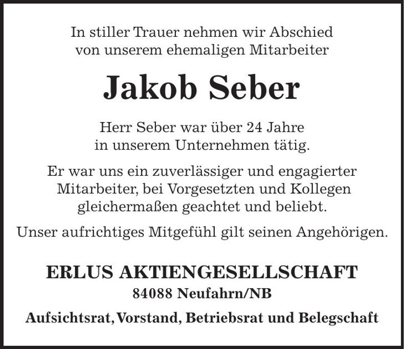 Traueranzeige Jakob Seber