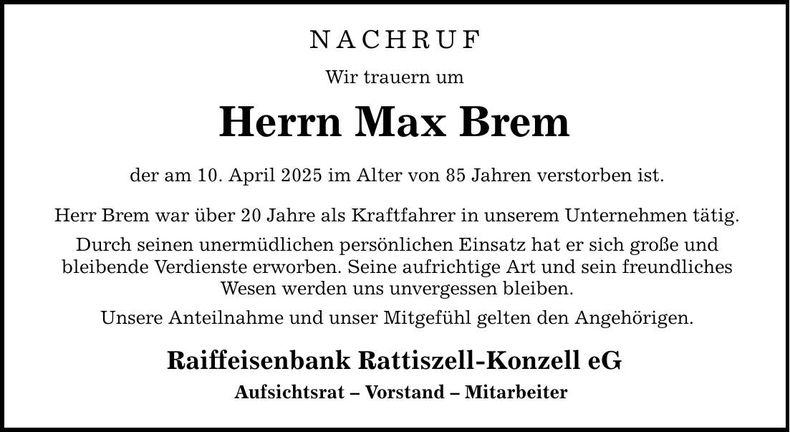 Traueranzeige Max Brem