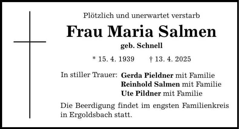 Traueranzeige Maria Salmen