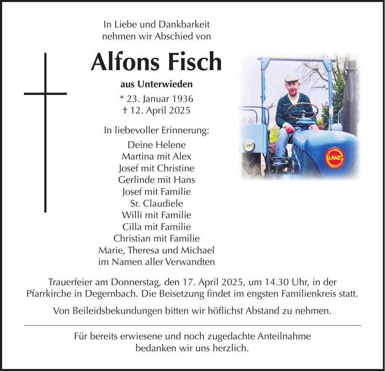 Traueranzeige Alfons Fisch